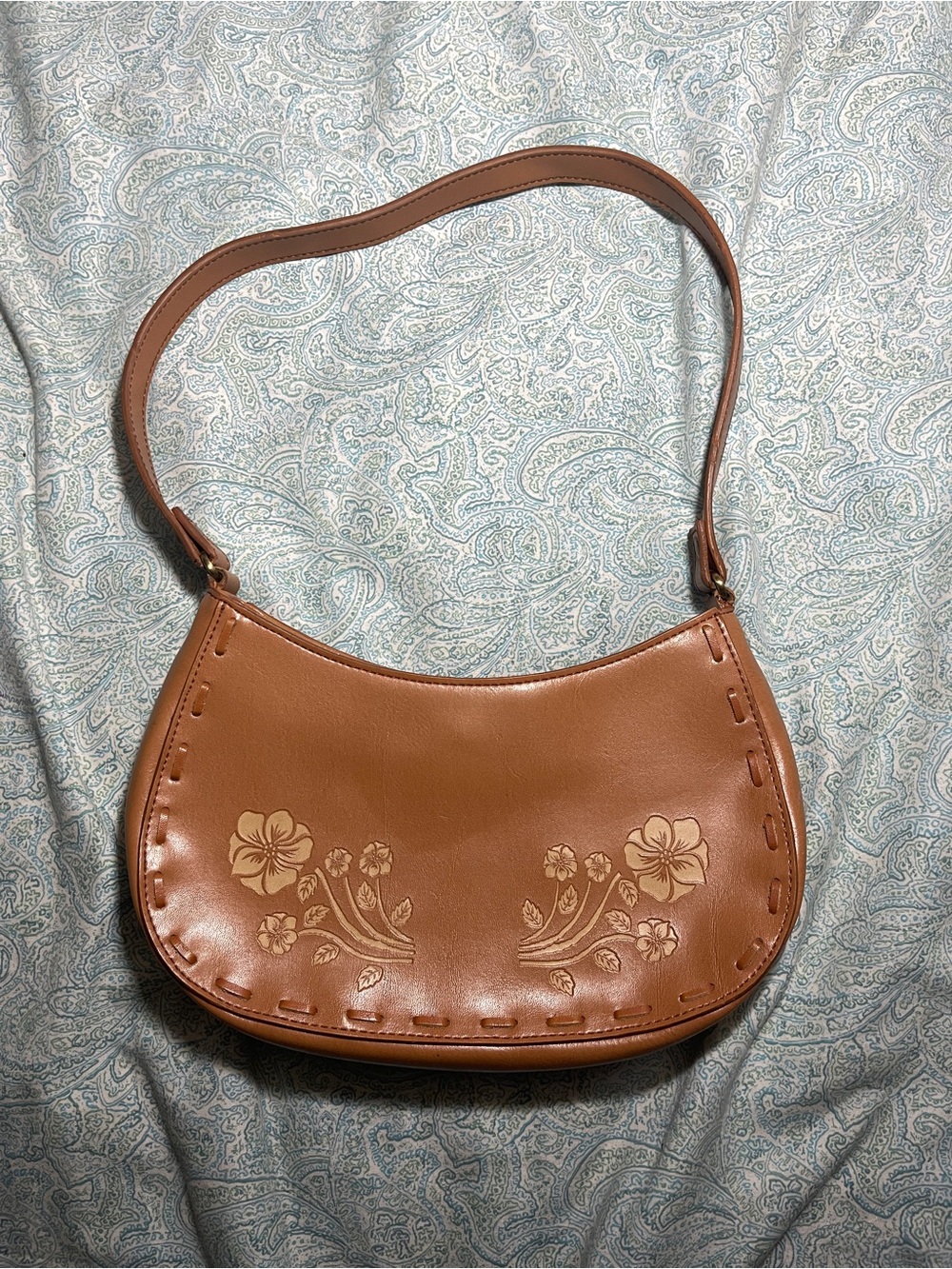 Tan Floral Embossed Shoulder Bag